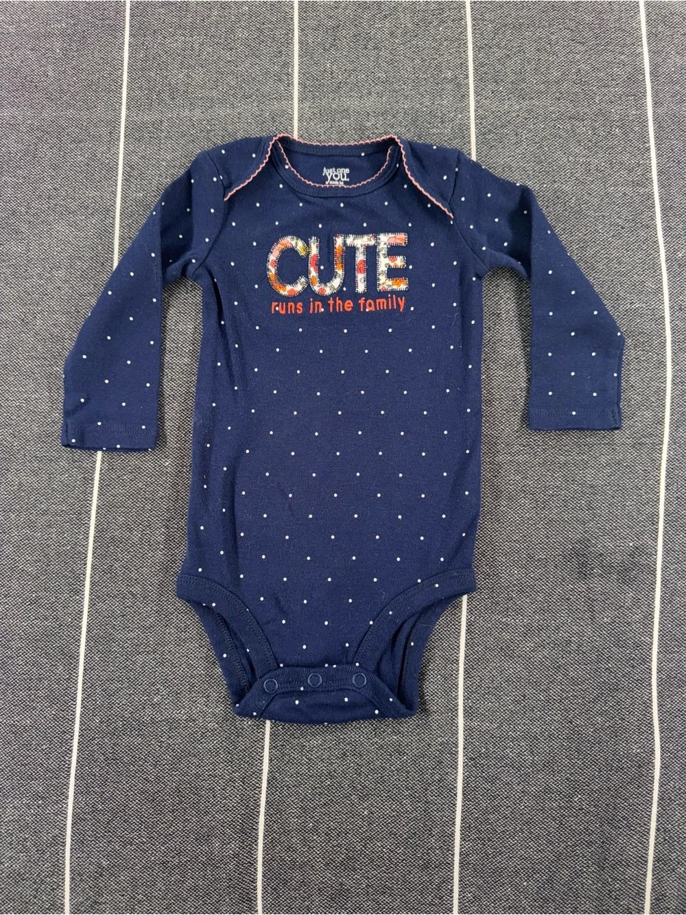 Carter's Navy Long-Sleeve Polka Dot One-Piece with 'CUTE' Embroidery
